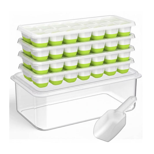 Ice Cube Trays with Lid and Bin, 4 Pack Silicone Ice Cube Tray for Freezer, Stackable Ice Storage Container with Scoop, for Drinks, Coffee, Cocktail