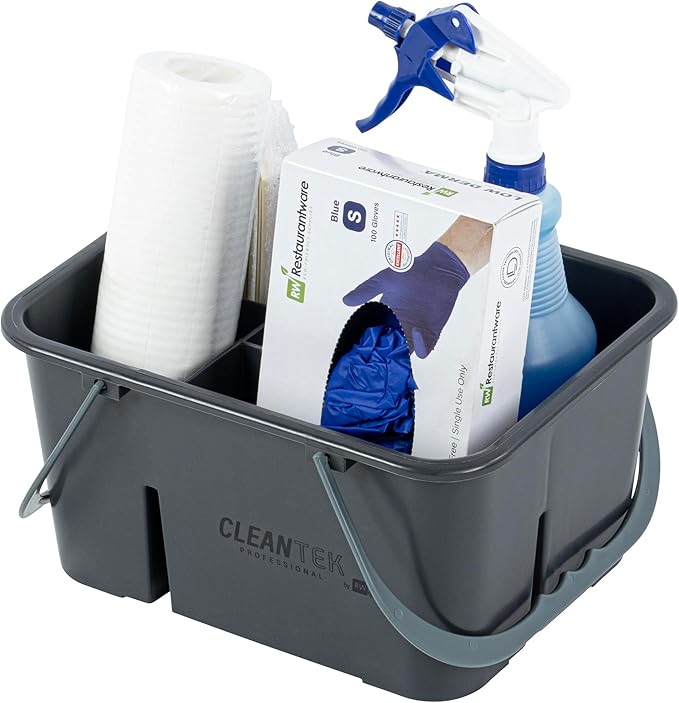 Restaurantware-Clean Tek Professional Cleaning Caddy, 1 Cleaning Supply Caddy With Handle - 4 Compartment, Multipurpose, Gray Plastic, All-Purpose, For Bathroom, Bedroom, Kitchen, Or Garden