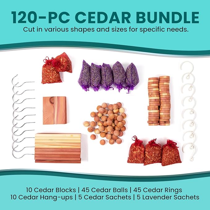 120 Variety Pack - Lavender and Cedar for Closets - Moth Balls Alternative for Clothes Storage - Closet Protection Scent Bags - Natural Freshner Hanger Rings - Scented Air Freshener for Closets