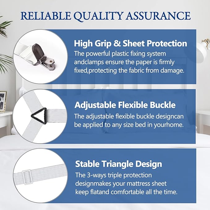 TGOOD Bed Sheet Holder Straps, Mattress Cover Clips to Hold Sheets in Place, Adjustable Bed Bands, Elastic Grippers,Fasteners,Keepers,Suspenders Fitted for Bedding,stayers, Bedsheet Tie Downs