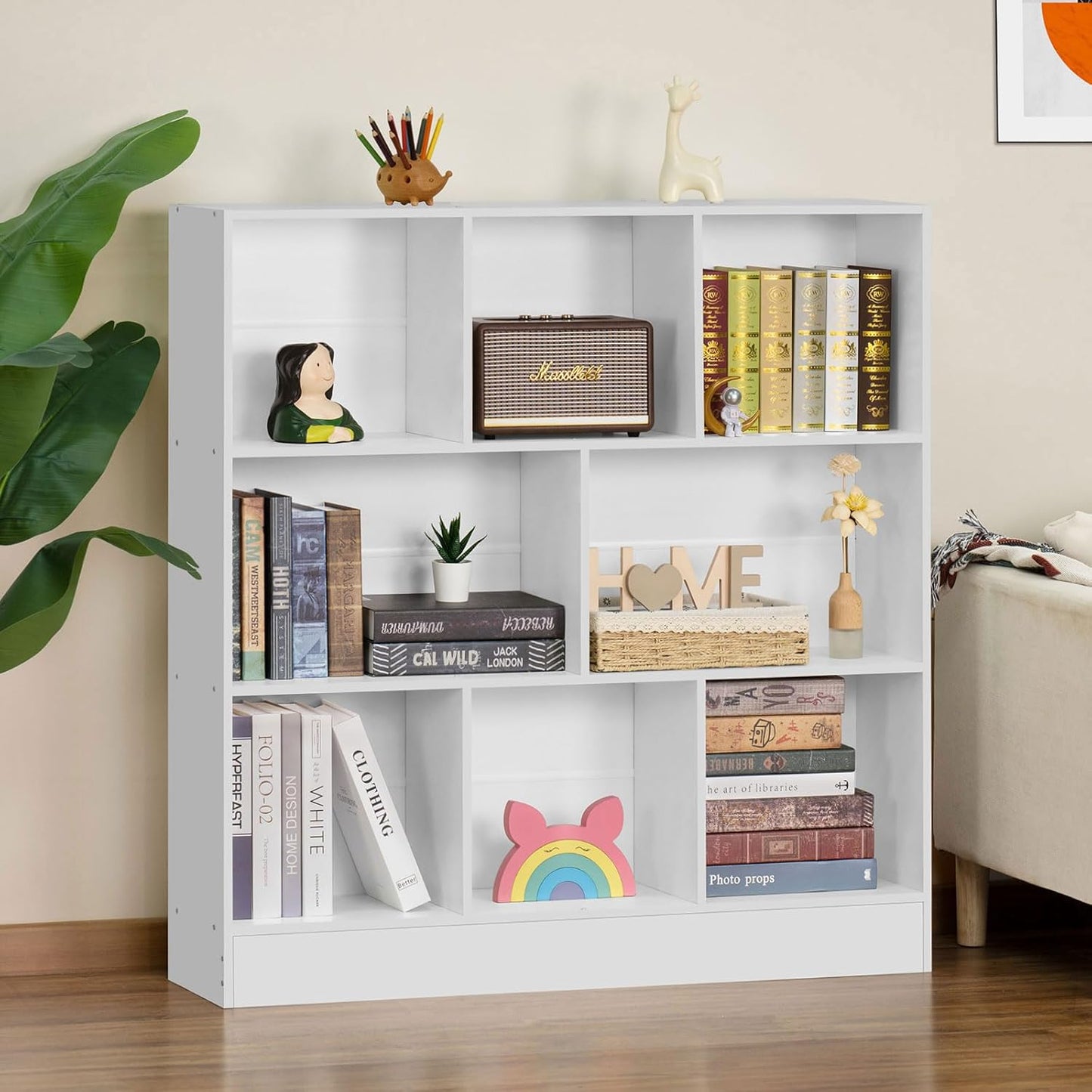 YAHARBO White 3 Tier Bookshelf,Wide Modern Horizontal Bookcase,Wood Low Book Shelf,Wide Display Storage Cabinet with Base,Floor Standing 8 Cube Large Bookcases Organizer for Bedroom,Living Room,Office