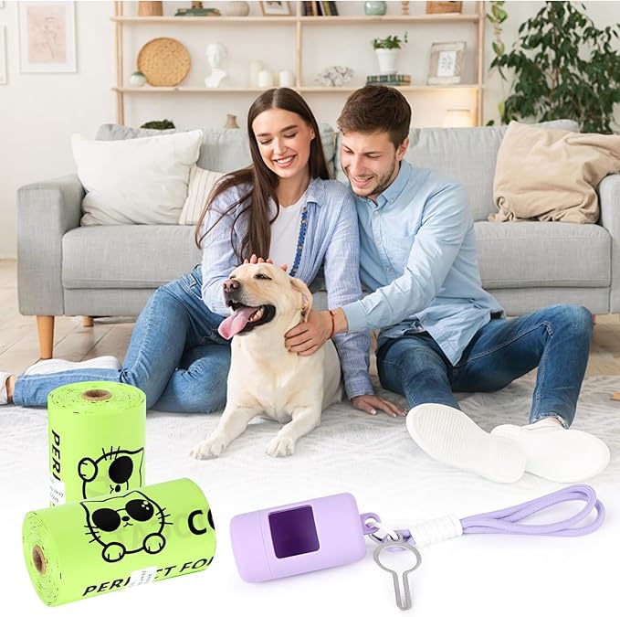 Dog Poop Bags with Dispenser & Holder, Guaranteed Leak Proof, Unscented Extra Thick Heavy Duty Tear-resistant 18-Micron Waste Bag Refill Rolls (Purple (105-Bags, 1-Dispenser))