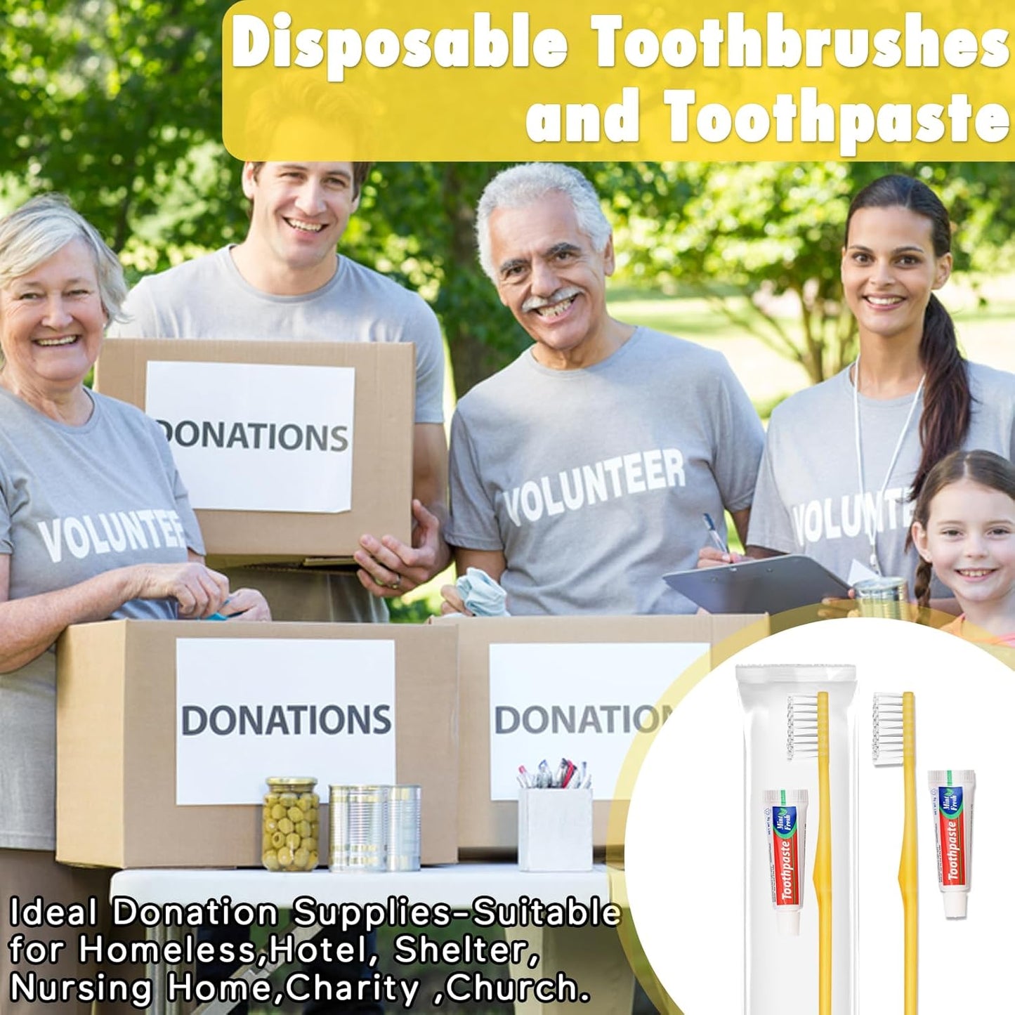 HOFASON Disposable Toothbrushes with Toothpaste Pack of 300, Yellow Hollow Travel Toothbrush Set with 5g Toothpaste Individually Wrapped Toothpaste Bulk for Homeless, Nursing Home, Shelter, Hotel