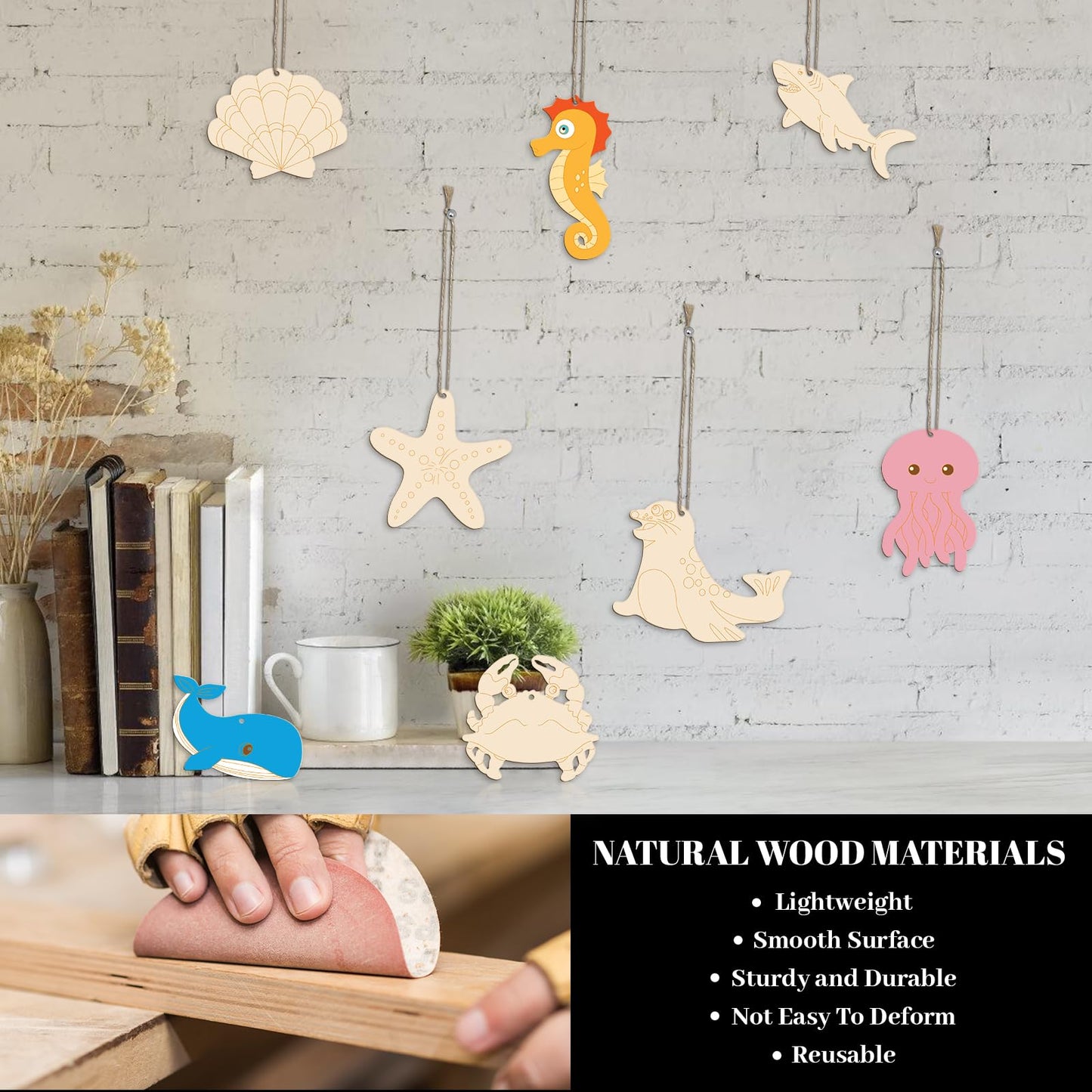 Subacy 80 PCS Unfinished Wood Cutouts 10 Styles DIY Wooden Ocean Ornaments, Wooden Art Craft Painting Kit for Kids, Birthday Easter Creativity Arts & Crafts, Sea Animal Shape