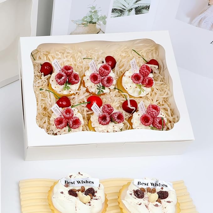 12pcs10x8x2.5 Inch White Bakery Boxes Treat Boxes with Window for Pastry, Cookie, Desserts, Chocolate Strawberries, Pies, Donuts, Muffins,Cupcake