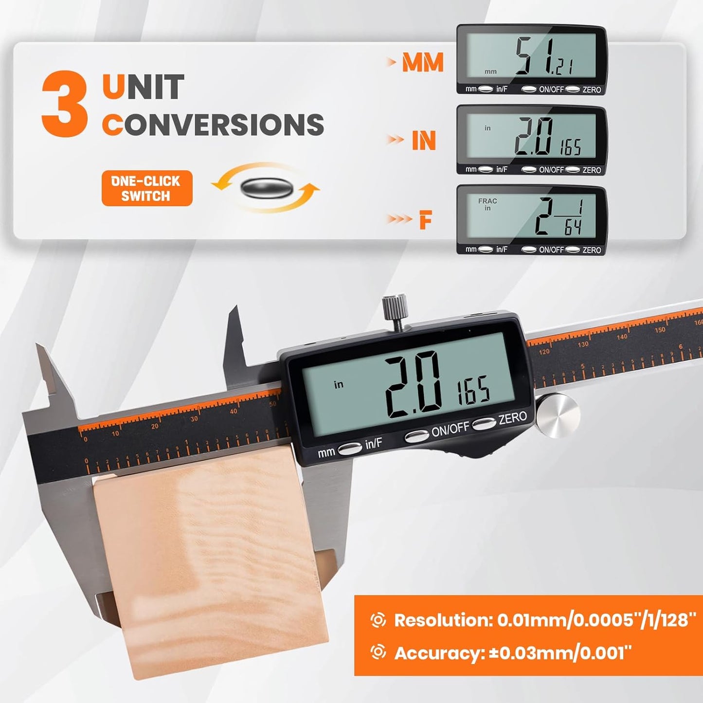 HARDELL Digital Caliper, Rechargeable 0-8 Inch Calipers Measuring Tool with Large LCD Screen, Inch/MM/Fraction, Stainless Steel, Auto-Off, Vernier Caliper Digital Micrometer