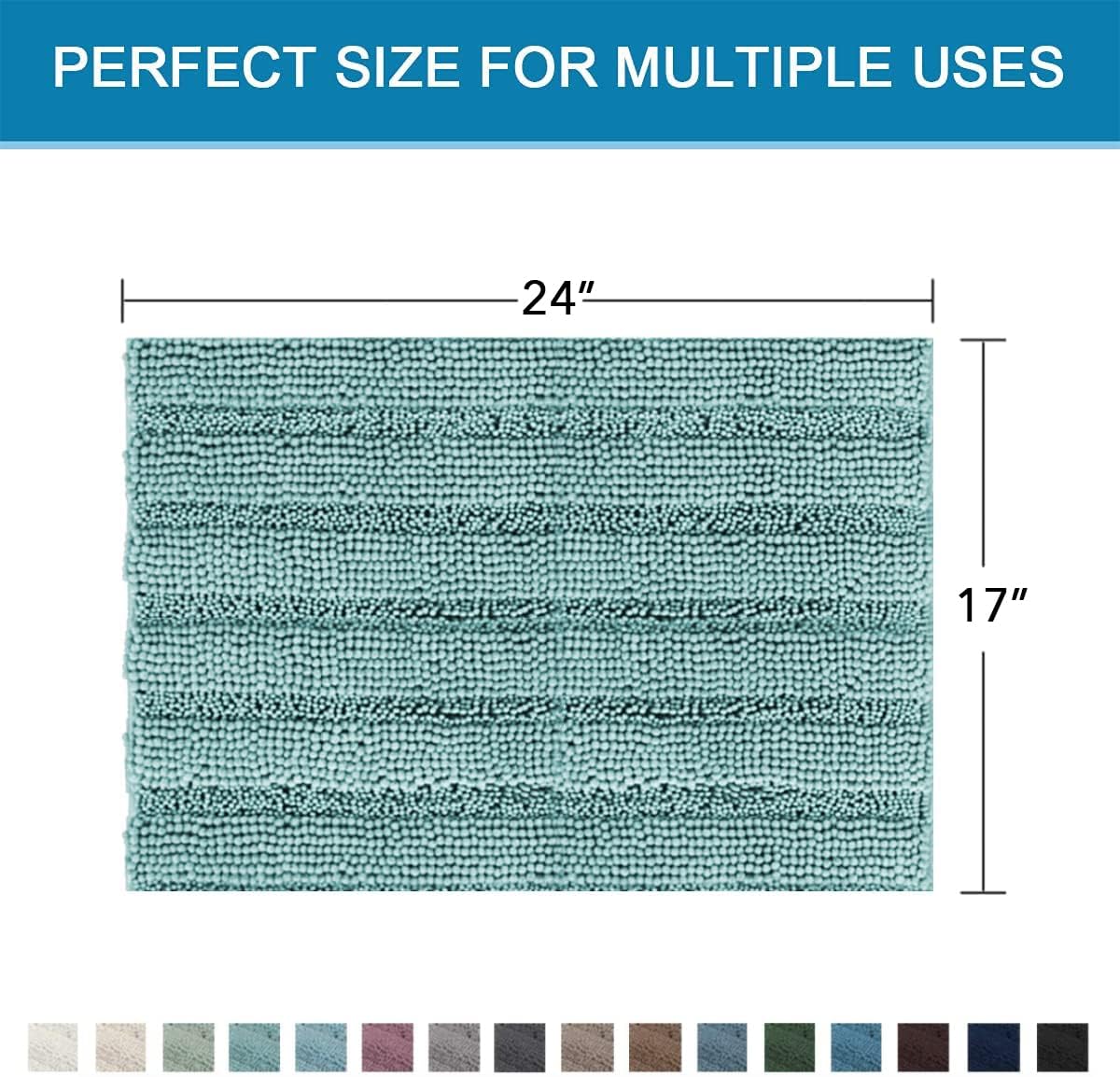 H.VERSAILTEX Bathroom Rugs Bath Rugs for Bathroom Non Slip Bath Mats Extra Thick Chenille Striped Rug 17" x 24" Absorbent Soft Shaggy Washable Dry Fast Bath Mats for Bath Room Floor - Aqua Haze