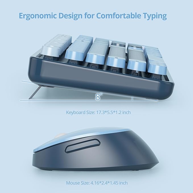 Owpkeenthy Retro Keyboard and Mouse Wireless, Cute Colorful Keyboard with Retro Typewriter Style Full-Sized with Number Pad Round Keys for Desktop, Laptop and Computerr (Gradient Blue)
