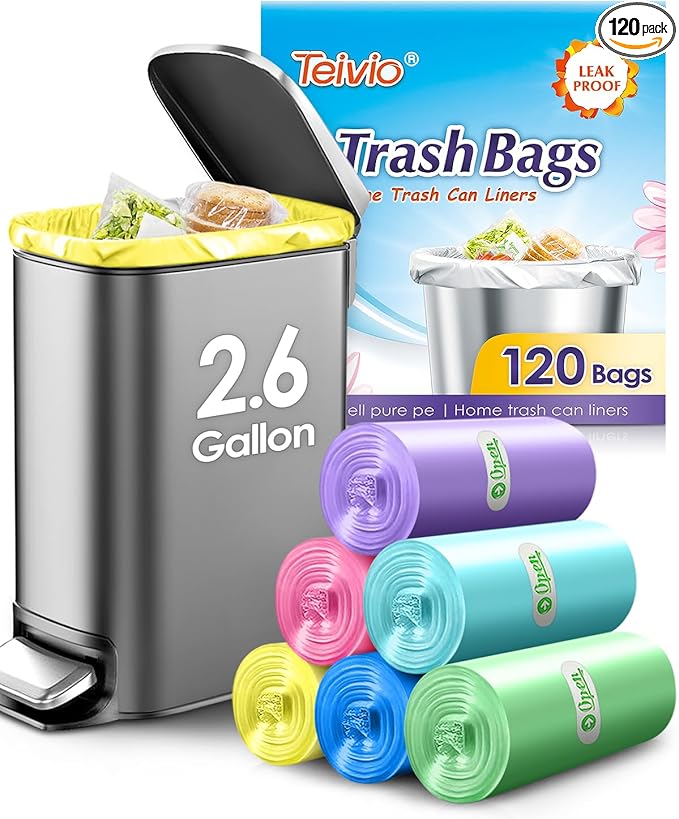 Small Trash Bags 2.6 Gallon 120 Count Strong Trash Bags Colorful Small Garbage Bags, Trash Can Liners for Bathroom Home Office Kitchen Bedroom, fit 5-10 Liter, 1,1.2,1.6,2,2.6,3 Gal,Multicolor