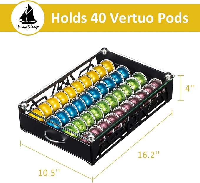 FlagShip Vertuo Pod Holder- Modern Glass Top Coffee Capsule Organizer & Space-Saving Pod Storage for Coffee Machines, Generous 40 Vertuo Pods Capacity