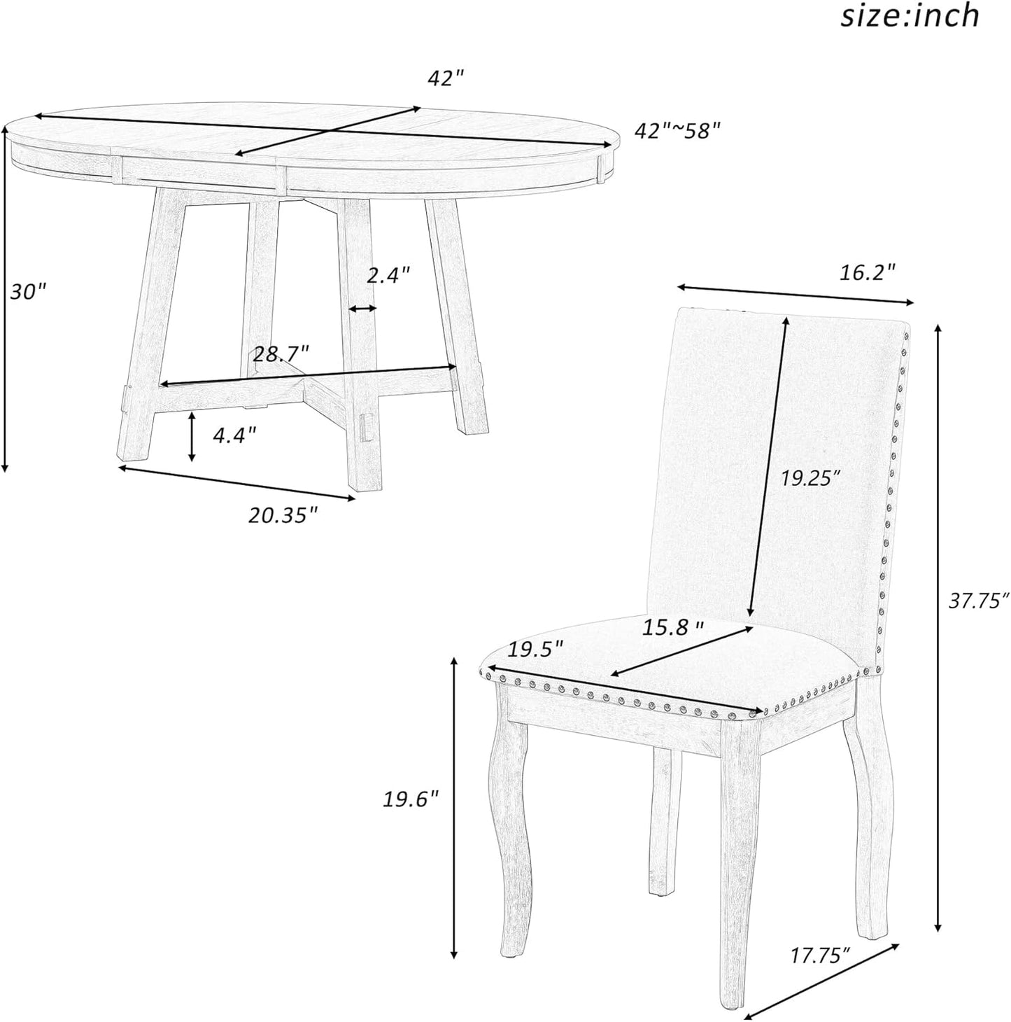 5 Pieces Dining Table Set with 43" Round Extendable Desk,Living Room Furniture W/ 4 Upholstered Curved Legs Chairs,for Restaurant,Home Bistro,Oak Natural Wood+Antique White