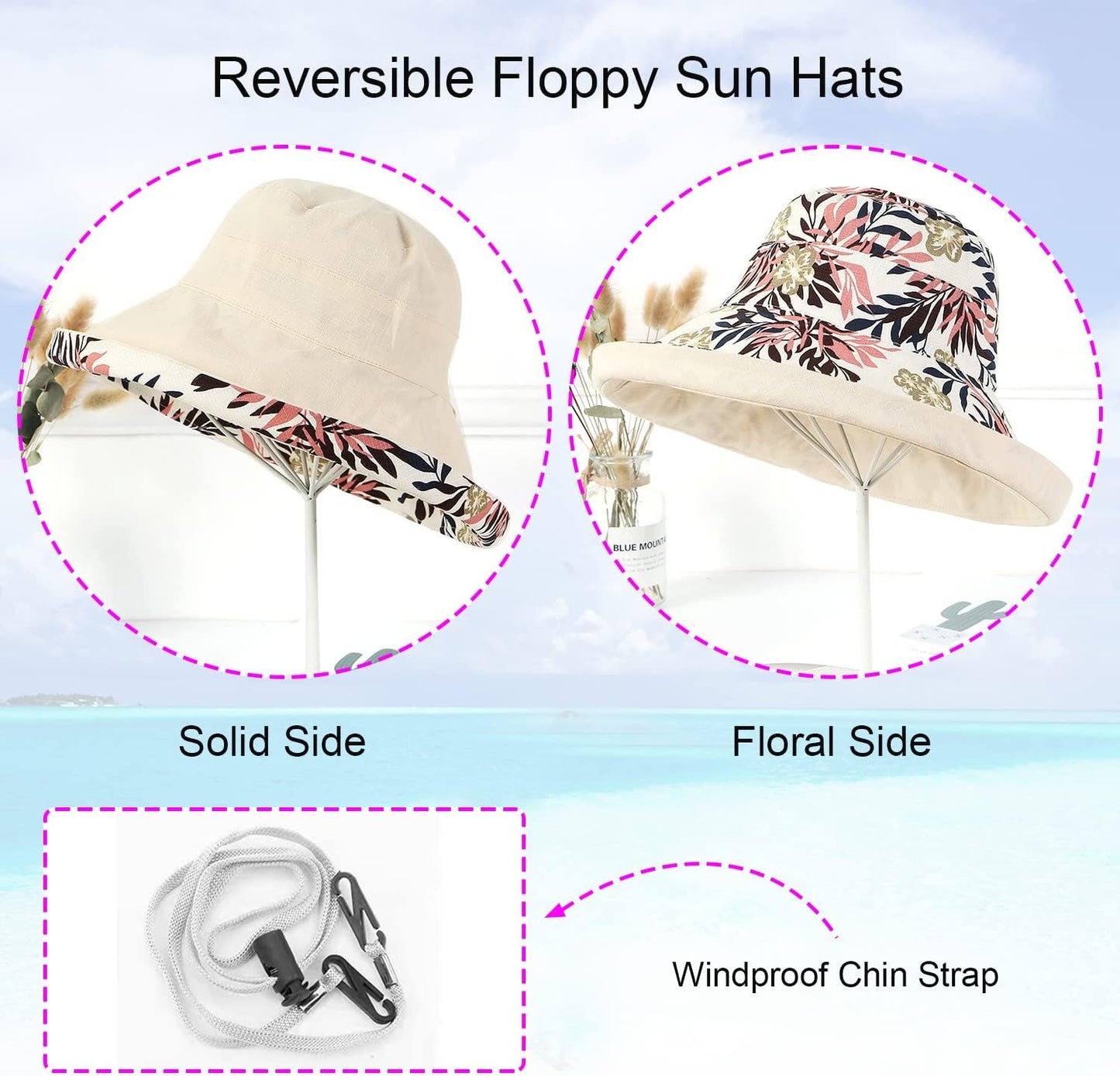 Women Wide Brim Sun Hats Metal Wired Edge Summer UV Protection Beach Fishing Hat for Hiking Garden Travel Chin Strap