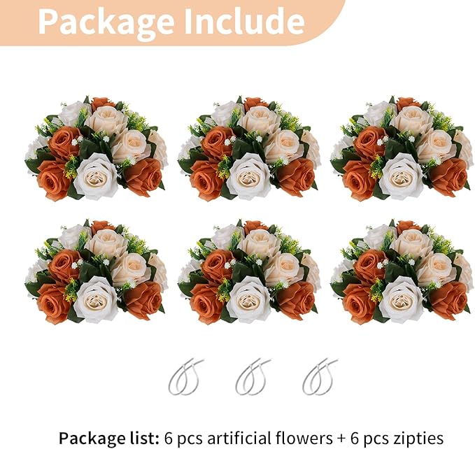 NUPTIO Terracotta Flower Ball Centerpieces: 6 Pcs Artificial Rose Kissing Balls for Wedding Party Tables - Faux Silk Floral Arrangements for Fall Home Thanksgiving Event Dining Decorations