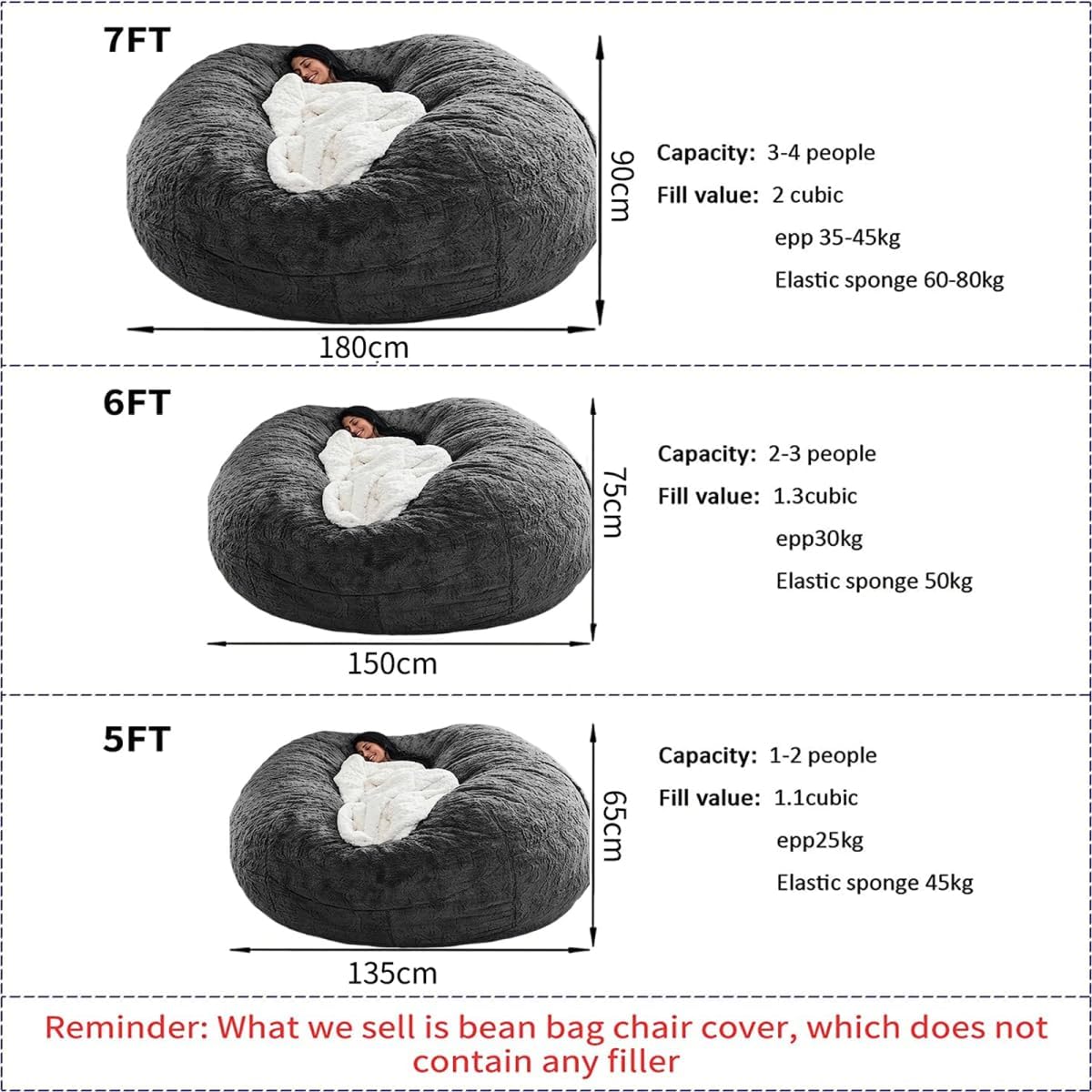Bean Bag Chair for Adults Kids Without Filling Comfy Oversized Round Lazy Sofa Bean Bag Cover for Stuffed Animal Storage Bedroom Living Room Chairs, 6FT, Khaki