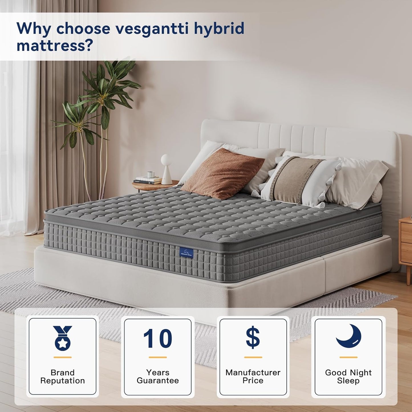 Vesgantti Full Mattress 10 Inch Innerspring Multilayer Hybrid Full Mattresses - Ergonomic Design with Memory Foam and Pocket Spring Mattress Full Size, Medium Firm Feel, Grey