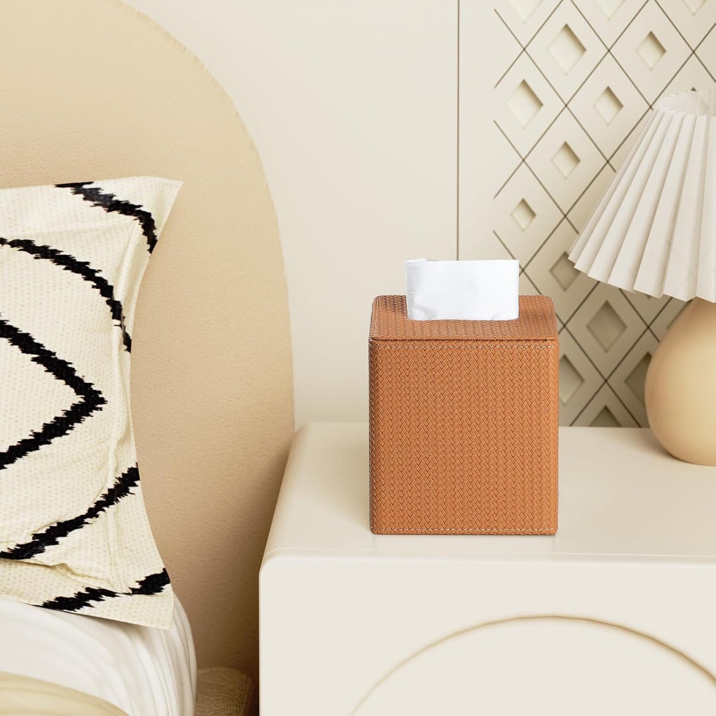 PU Leather Tissue Box Cover with Magnetic Closure, Modern Square Tissue Box Holder Decorative Organizer for Bathroom Vanity Countertop, Night Stands Bedroom Office Desk (Woven Camel)