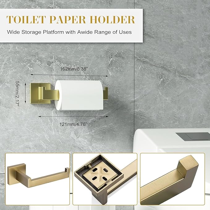 Bathroom Accessory Towel Bar Set: 20 Pieces Gold Bathroom Hardware Square SUS304 Stainless Steel - Wall Mounted Towel Rack&Toilet Paper Holder&Towel Ring and Towel Hook