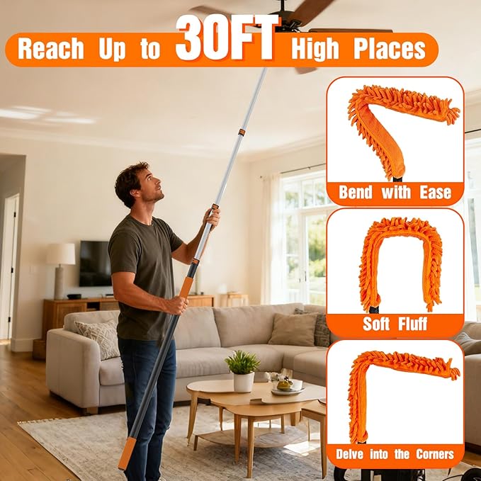 30FT Reach High Ceiling Duster Kit, Window Cleaning kit with 5-24FT Extension Pole, Fan Duster for Ceiling Fan Blades, Microfiber Feather Duster, Rotatable Window Squeegee and Cobweb Duster