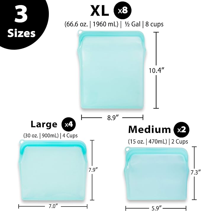 100% Silicone Bags Reusable Storage - Freezer Bags - 6 Reusable Silicone Bags For Food Storage with Two of each (1/2 Gal, Large and Medium) and Complementary Cotton Mesh Bags