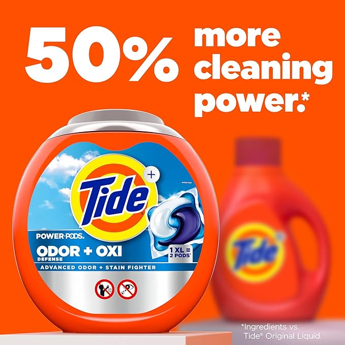 Tide Odor Defense + Oxi Laundry Detergent Pacs, Original Scent, 45 Count, Advanced Odor + Stain Fighter