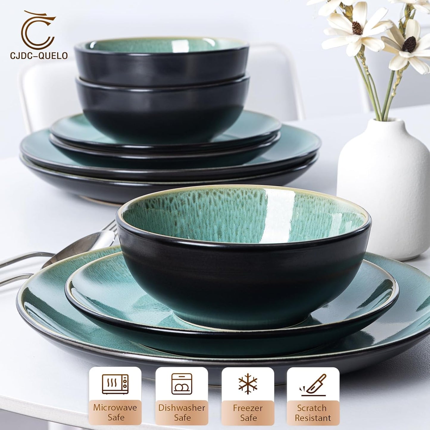 Plates and Bowls Sets for 4 - CJDC-QUELO 16-Piece Stoneware Dinnerware Sets, Ceramic Dishware Set for Kitchen Use and Formal Dining, Chip and Scratch Resistant Microwave Dishwasher Safe, Green