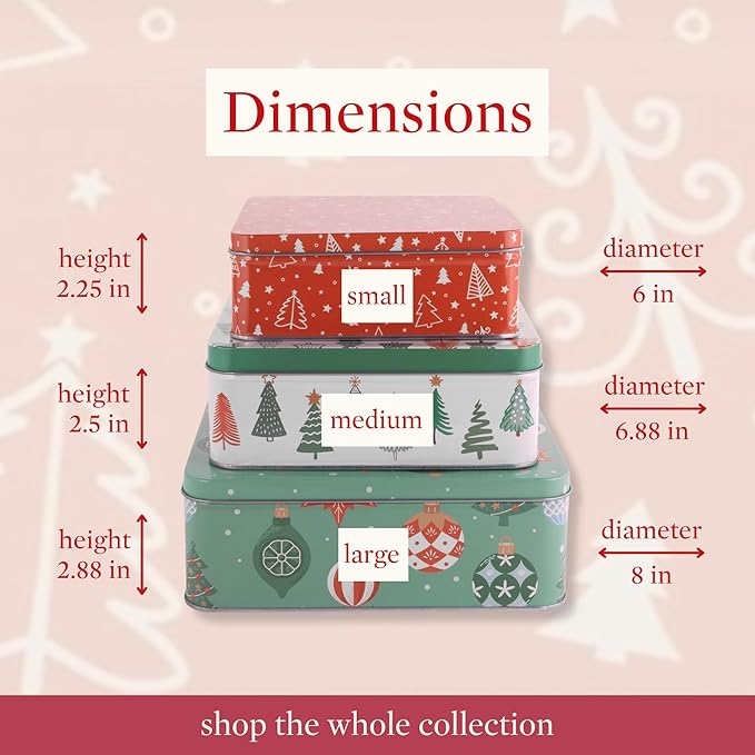 Steel Mill & Co Tin Containers with Lids, 3 Pack Christmas Cookie Tins, Festive Cookie Tins for Gift Giving & Holiday Treats, Square Metal Nesting Containers, Ornaments and Trees