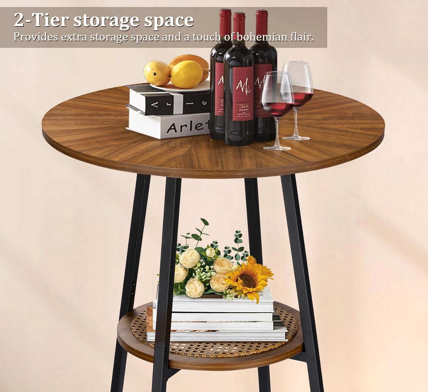 ZYBT Boho Bar Height Table - Rattan Storage Shelf, High Top & Counter Height Dining Table