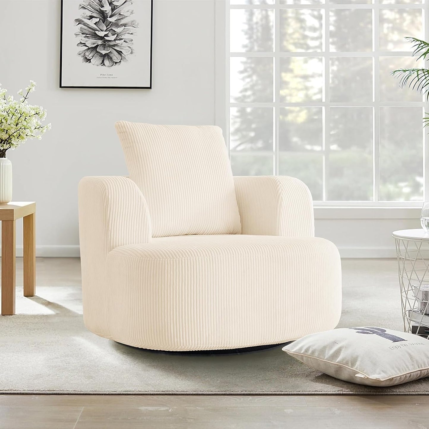 Furnimart 360° Swivel Barrel Accent Chair Set of 2, Round Upholstered Comfy Lounge Chair, Corduroy High-Resilienc Foam Single Sofa, No Assembly Wide Seat for Living Room, Bedroom, Apartment (Beige)