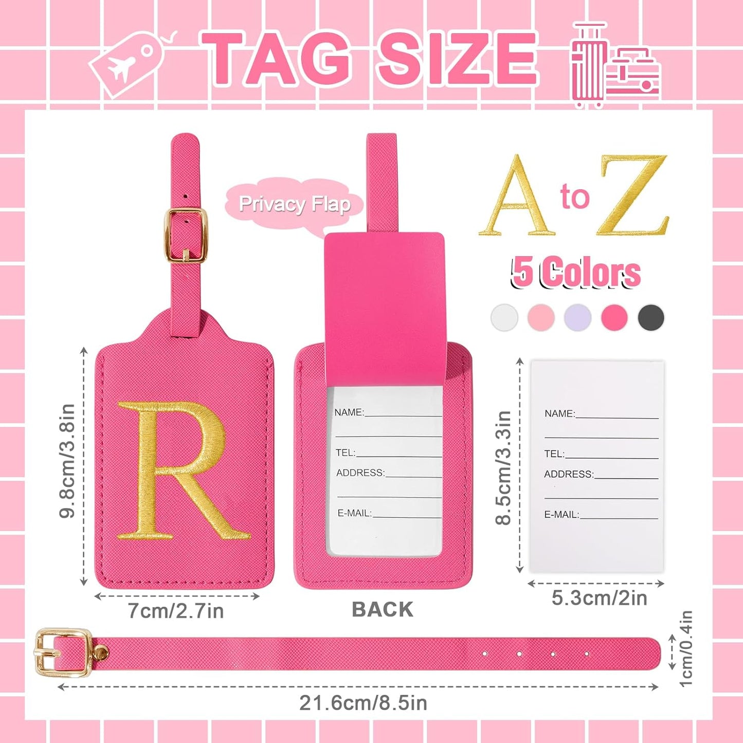 Personalized Initial Luggage Tags - Cute Red Leather Monogrammed Tags with Privacy Cover for Women Kids