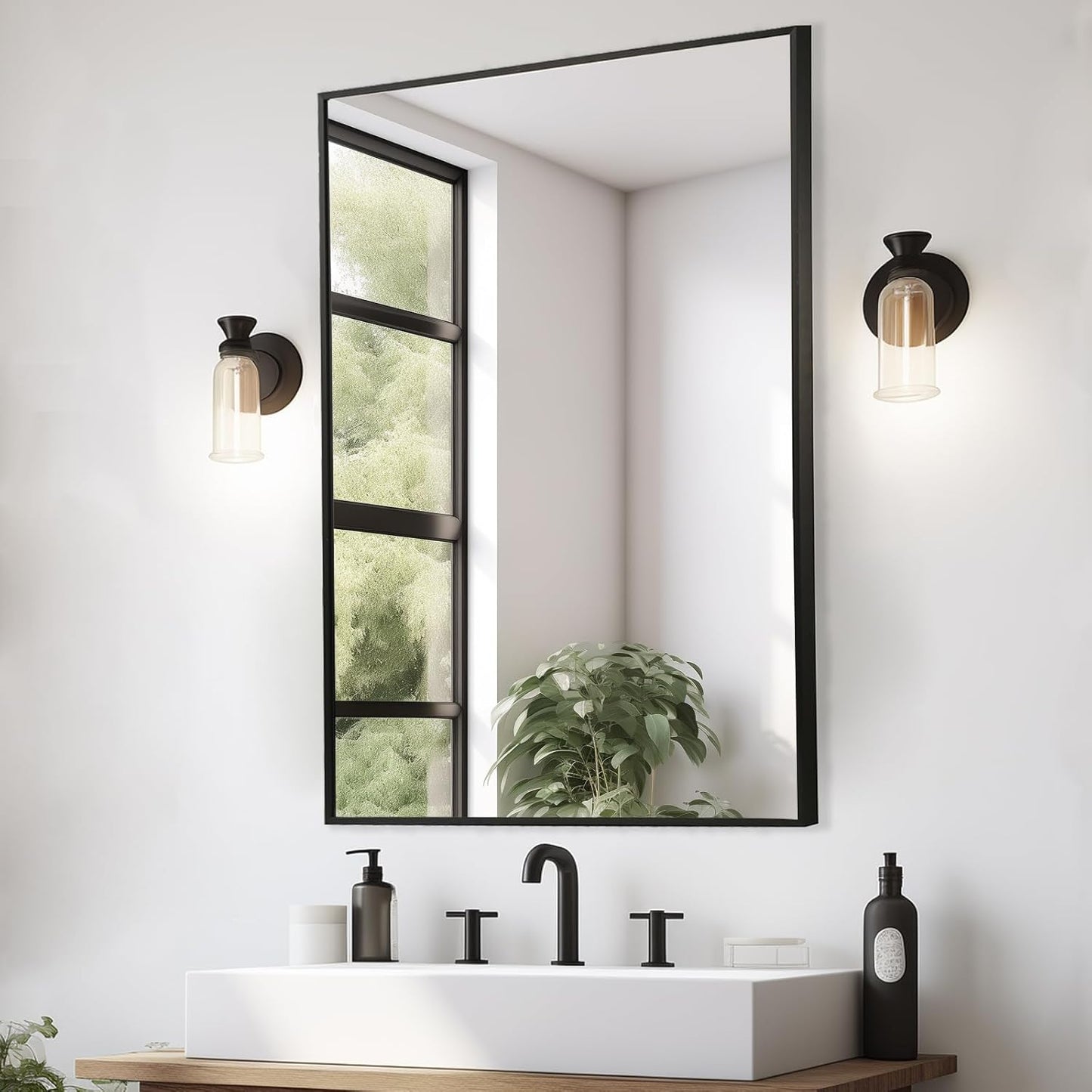 Black Bathroom Mirror, 16"x20" Rectangle Mirror, Matte Black Mirror, Metal Frame Square Corner Vanity Mirror, Wall Mounted Mirror for Modern, Living Room, Bedroom, Horizontal Or Vertical