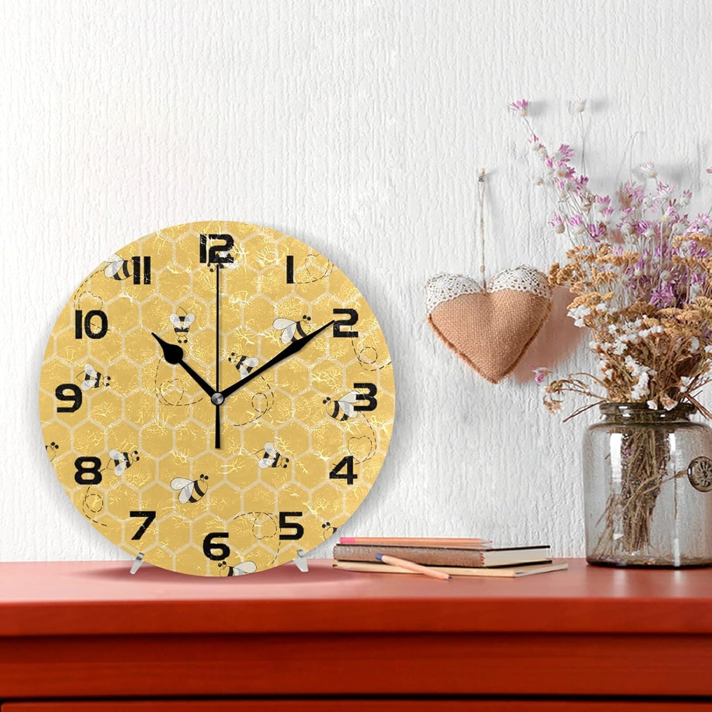 Animal Bee Honeycomb Wall Clock Silent Non-Ticking,Yellow Honeybee 9.5 Inch Round Wall Clock Battery Operated Bee Clock Decor for Home Wall Bathroom Kitchen Bedroom Living Room Office Classroom Patio