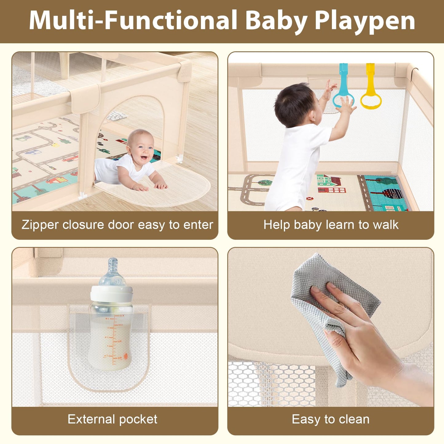 71 x 59 Baby Play Pen with Mat - Indoor & Outdoor Playpen for Babies and Toddlers - Extra Large Play Yards with Soft Foam & Sturdy Bottom Suction Cups - Toddler Baby Play Yard with Gate(Apricot)