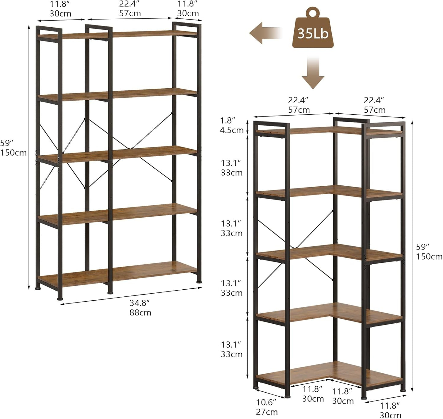 Tohomeor Bookshelf 5 Tier Deformable Corner Bookcase Free Standing Modern Industrial Book Storage Display Book Shelf for Bedroom Living Room Study Room Office (Brown)