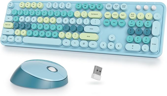 Wireless Keyboard and Mouse Set, Retro Typewriter Keyboard, 2.4GHz Full Size 104-Key Cute Keyboard with Number Pad, Colorful Keyboard with Round Keycaps for Windows PC Laptop(Colorful Blue)