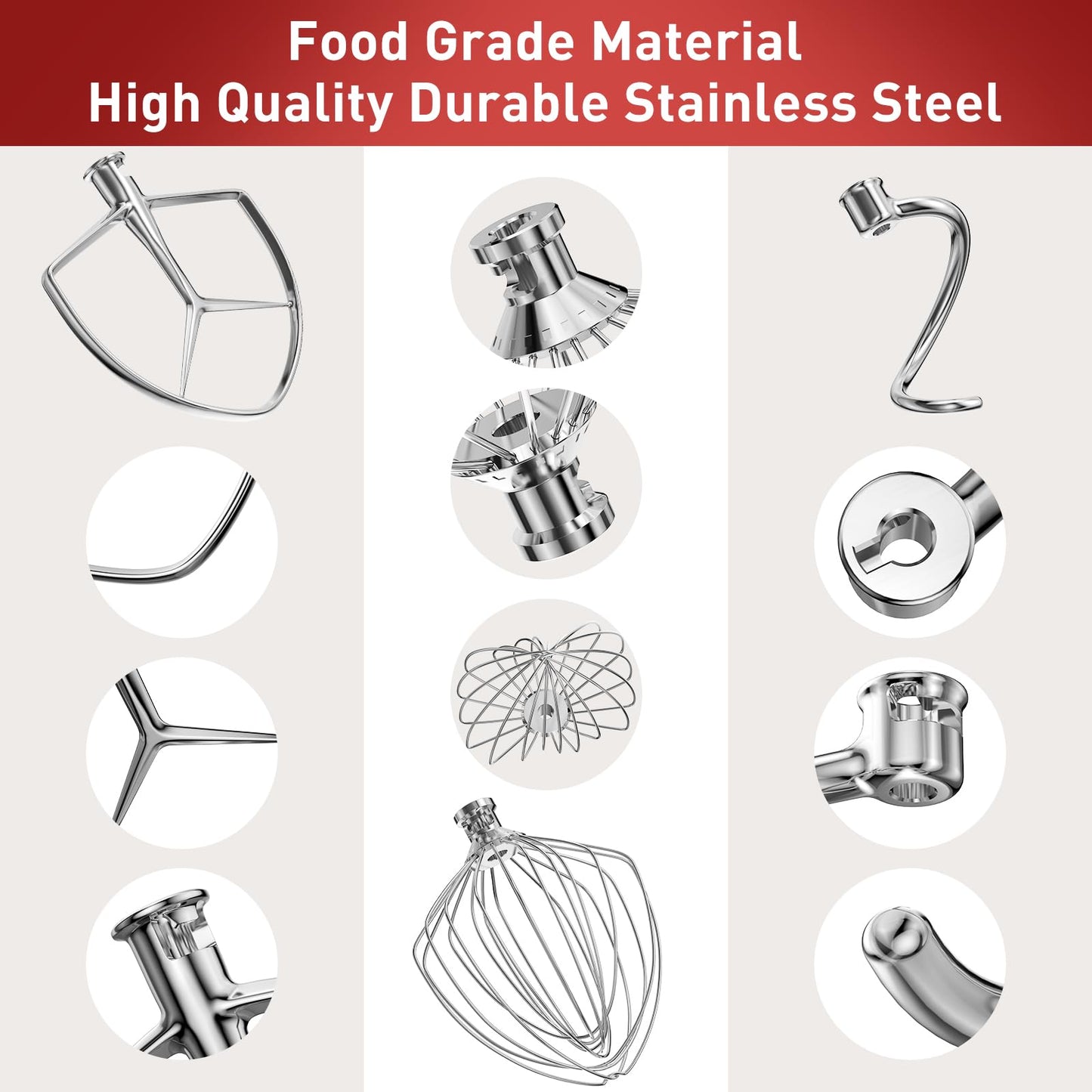 Stainless Steel Stand Mixer Attachments 3-Piece (7QT Flat Beater, 7QT Dough Hook, 7QT 9-Wire Whip Attachment) for KitchenAid Lift Stand Mixer and 7 Quart Bowl, Dishwasher Safe