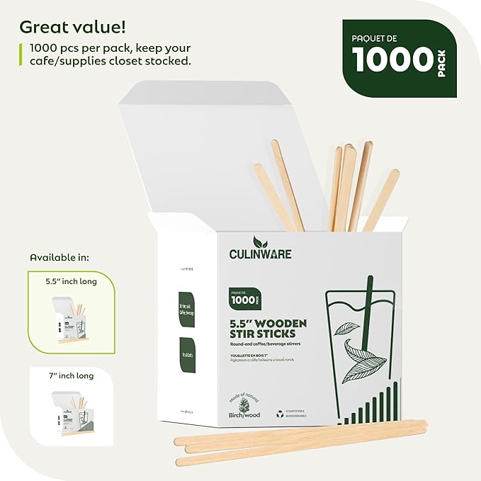 CulinWare Birch Wood Coffee/Beverage Stirrers Eco-Friendly Great For Your Coffee Nook. (1000, 5.5")