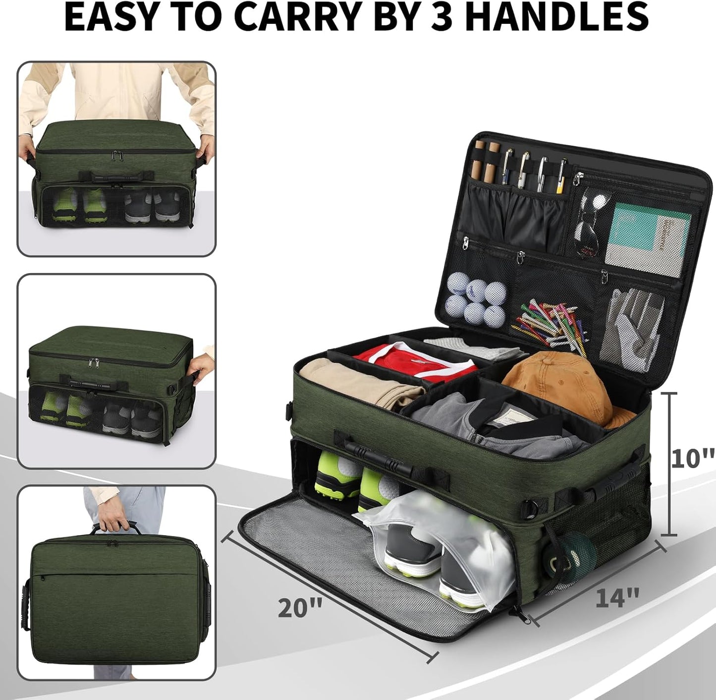 Extra Large Golf Trunk Organizer, Golf Gifts for Men Golfers, 20"x 14"x 10" 2 Layer Golf Trunk Organizer for Car, Water-resistant with Ventilated Compartment for 2 Pair Shoes and More Golf Accessories