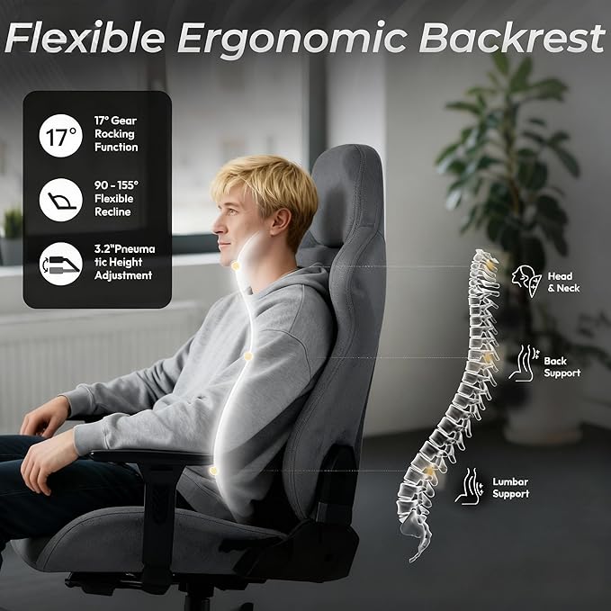 Dowinx Big and Tall Gaming Chair with Suede Fabric Breathable, Game Chairs for Adults with Oversized Thick Seat for 440lbs, Ergonomic Gamer Chair for Streaming & Long Gaming Sessions, Deep Grey