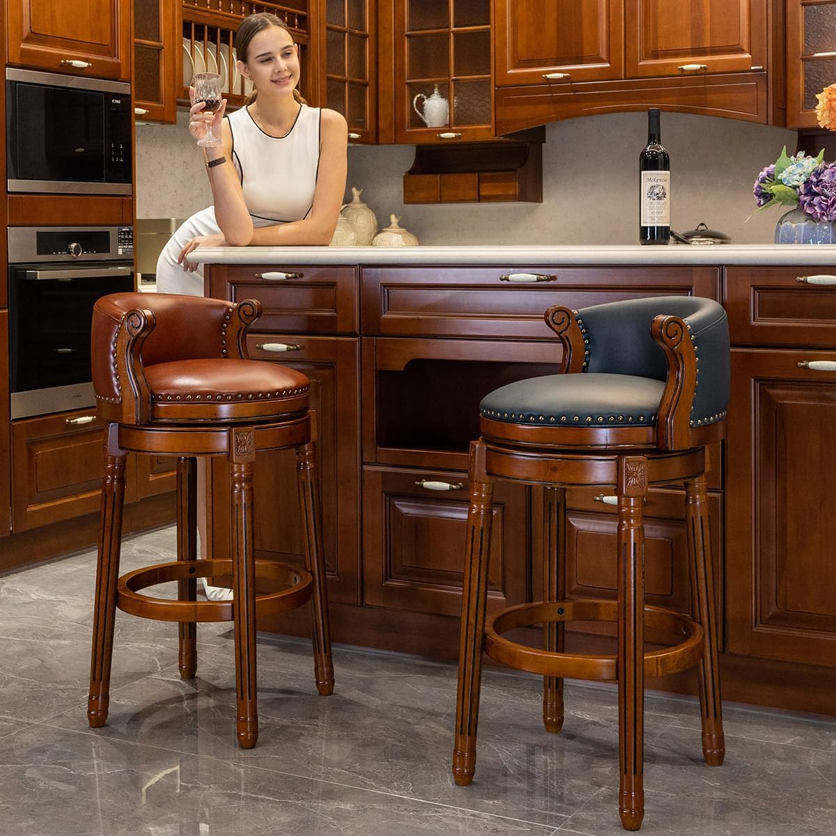 Cow top Leather Wooden Set of 2 Bar Stools, 26" Counter Height Bar Chair with Back, 180 Degrees Swivel Barstools Chair for Home Kitchen Counter,Dining Room, Restaurant