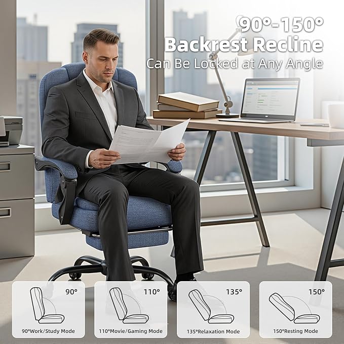 Gaming Chair with Footrest, Ergonomic Office Chair Reclining 90°-150°, Adjustable Desk Chair with Linkage Armrests, Comfortable Computer Chair for Adults, Gamer Chair Sillas para Escritorio, Blue