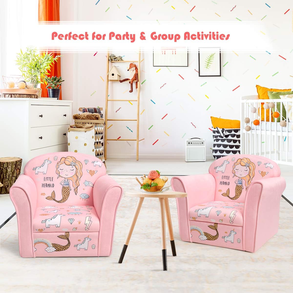 Costzon Kids Couch, Children's Sofa Armrest Chair with Pattern, Toddler Furniture w/Sturdy Wood Construction, Preschool, Lightweight Kids Couch Sofa Chair for Aged 1-5 Boys & Girls Gifts, Mermaid