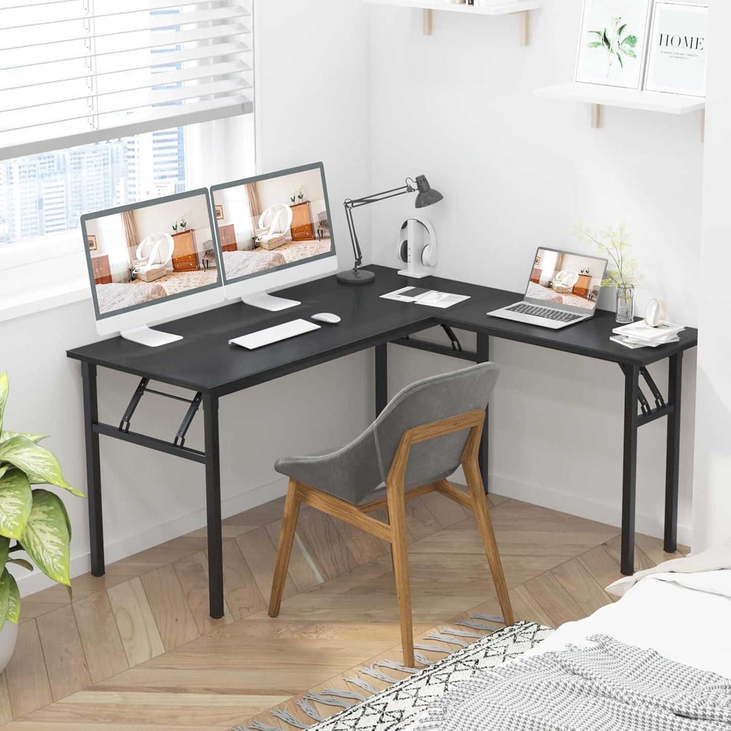 DlandHome Reversible L-Shaped Desk Large Corner Desk Folding Table Computer Desk Home Office Table Computer Workstation,Black-N