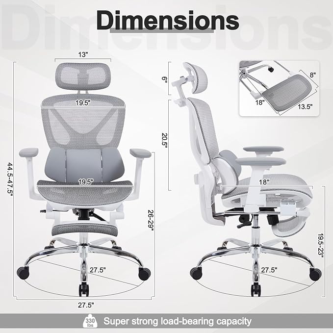High Back Mesh Office Chair with Footrest, Ergonomic Office Chair w/ 3D Lumbar Support，Comfy Home Office Desk Chair for Work & Computer Gaming, 400 LBS (Gray)