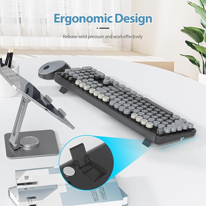 Wireless Keyboard and Mouse Set, Retro Typewriter, 2.4GHz Full Size 104-Key Cute Keyboard with Number Pad, Colorful Keyboard with Round Keycaps for Windows PC Laptop(Black Gray)