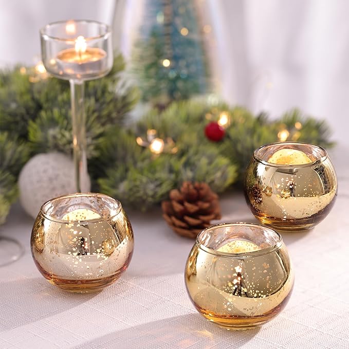 Volens Round Gold Votive Candle Holders, Mercury Glass Candle Holder Set of 12, Christmas Decorations for Table