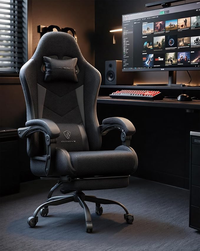 Gaming Chair with Footrest, Ergonomic 330lbs Leather Mesh Chair, Massage Lumbar Support, Adjustable Height & Headrest Pillow, Breathable Seat for Office, Home, Streaming, Long Gaming Sessions, Onyx