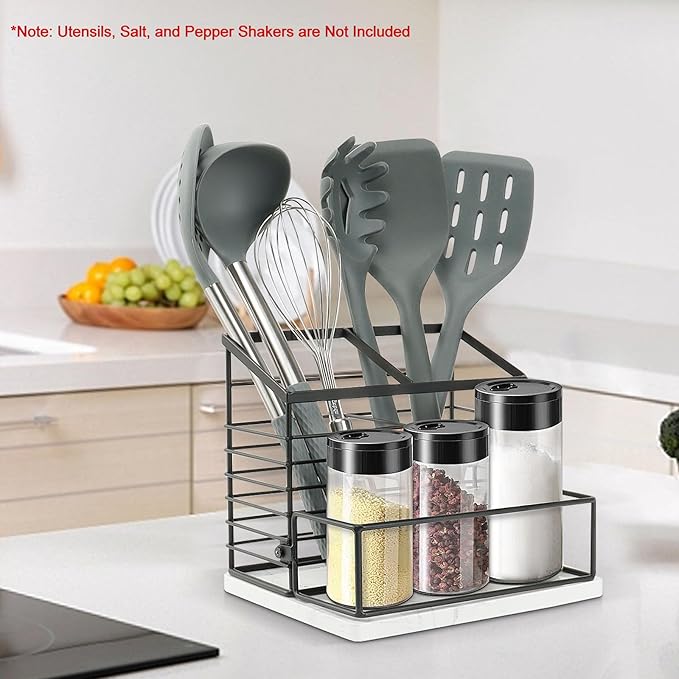 Utensil Holder for Kitchen Counter, Metal Utensil Holder Rack with Salt and Pepper Shakers for Kitchen Countertop, Cooking Tools Storage for Spatula, Large Utensil Organizer with Marble Base