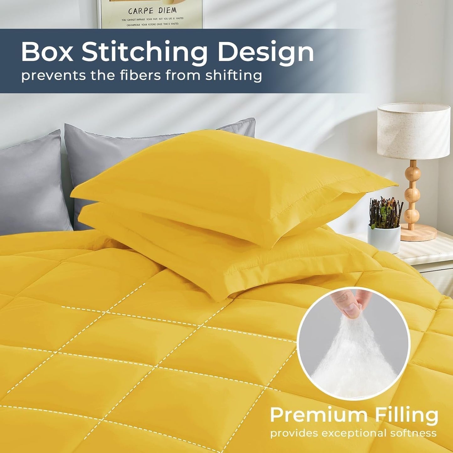 HEVUMYI Cali-King Comforter Set - 7-Piece All Season Bed in a Bag Cali-King, Ultra Soft Bedding Set with Comforter, Flat Sheet, Fitted Sheet, Pillowcases, Pillow Shams, Yellow & Light Grey