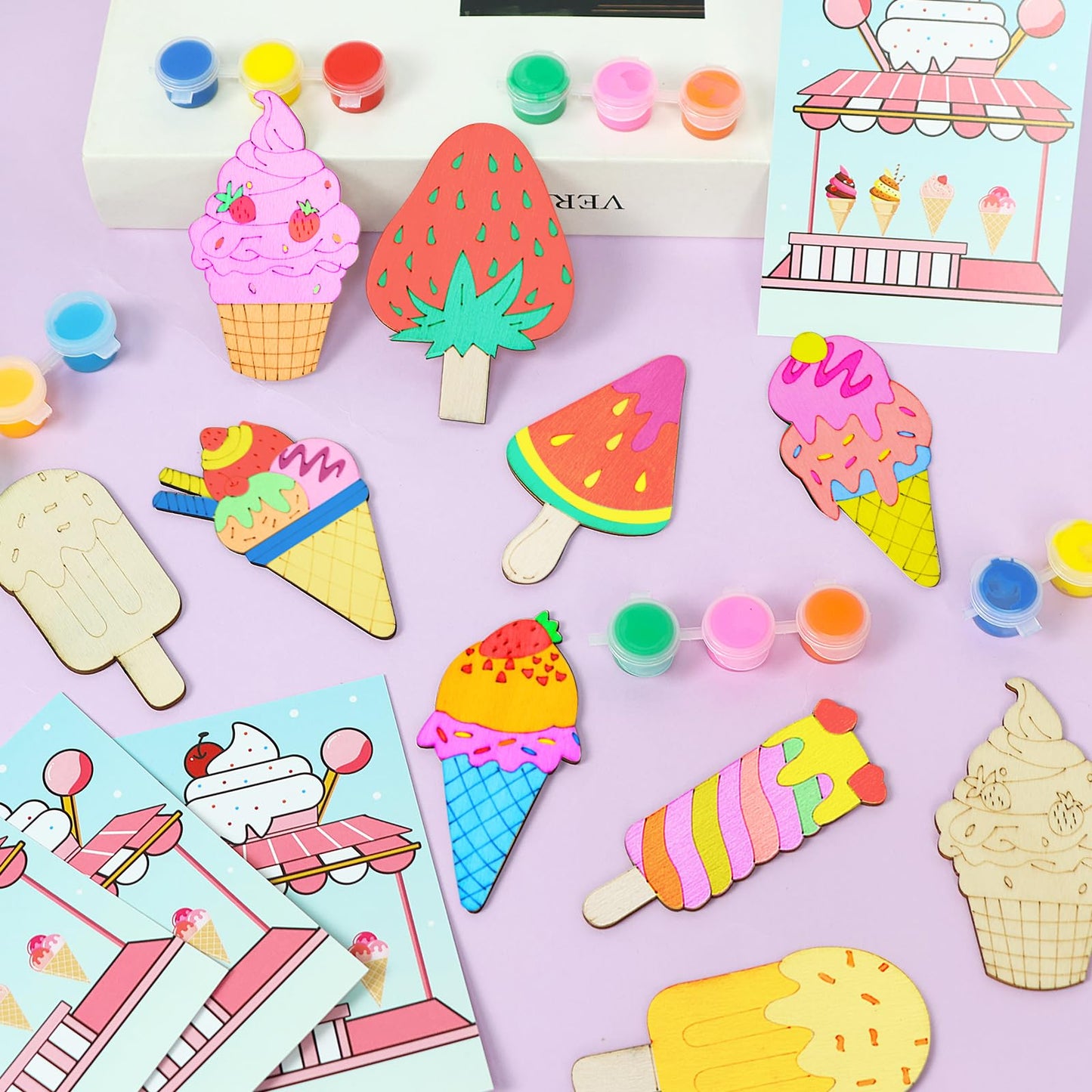 LARDUX 24pcs Ice Cream Party Favors Wood Painting Crafts - 8 Styles Ice Cream Shape Unfinished Woodchips Cutouts Craft Kits with Glow in The Dark Paint DIY Party Favors Birthday Party Decorations