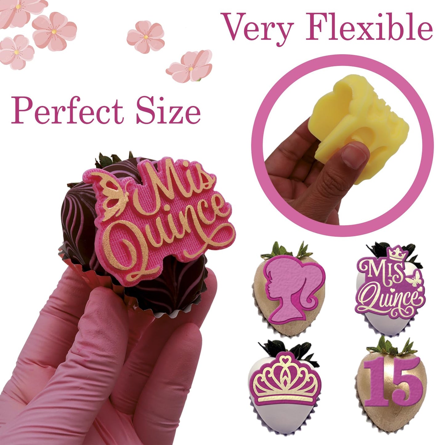 Mis Quince silicone mold Set 3 pcs for Cupcake topper,chocolate covered Strawberries, and Quinceañera Decorations, crown molds for chocolate, Mis 15 años fondant mold.